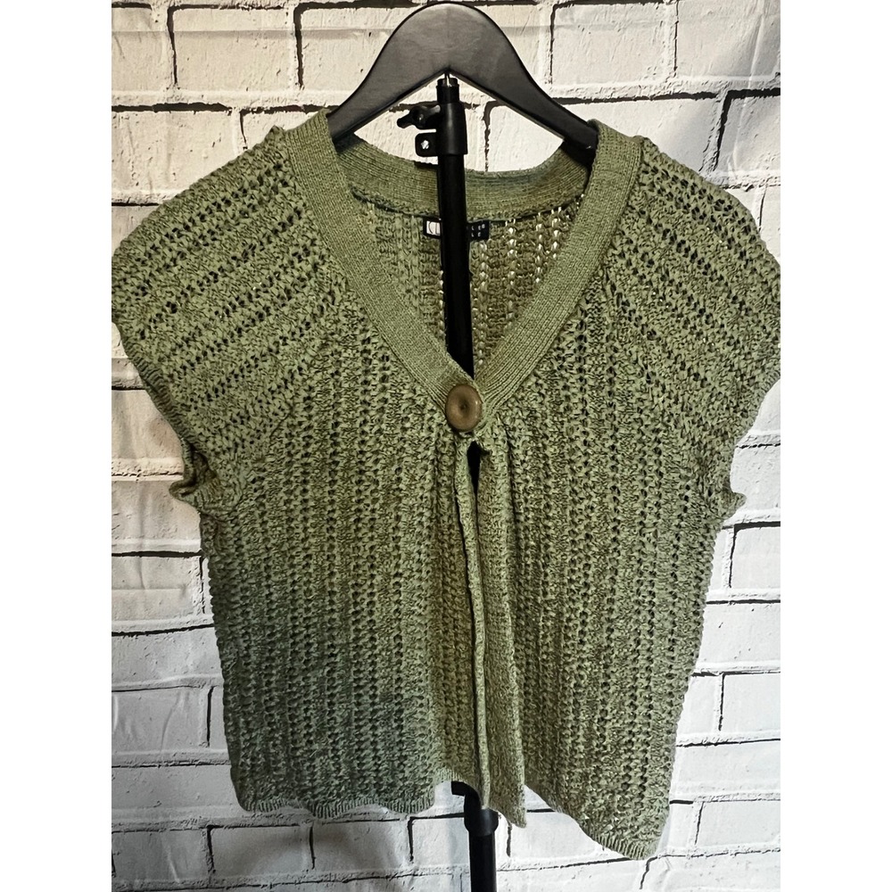 Carole Little Womens XL Sage Green Open Knit Crochet Cardigan Button